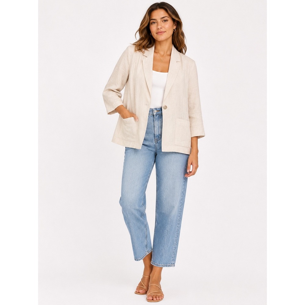 Sag Harbor Blazer Women 10 Beige Linen Blend Single Button Vintage Coastal